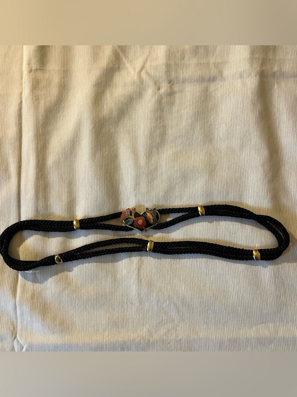 Vintage Black Braided Rope Belt with Floral Enamel Buckle Accent 29”